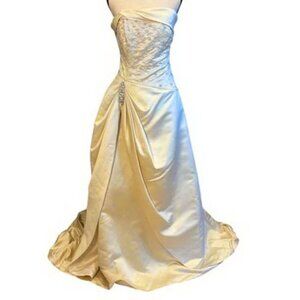 Demetrios Champagne Embroidered Strapless Wedding Dress Gown